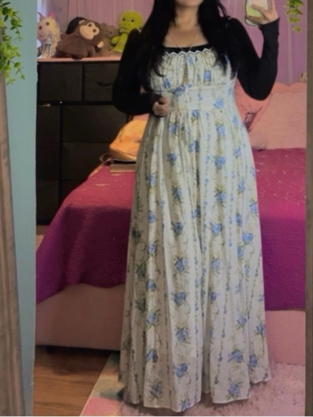Floral Cream Maxi Dress with Blue Print